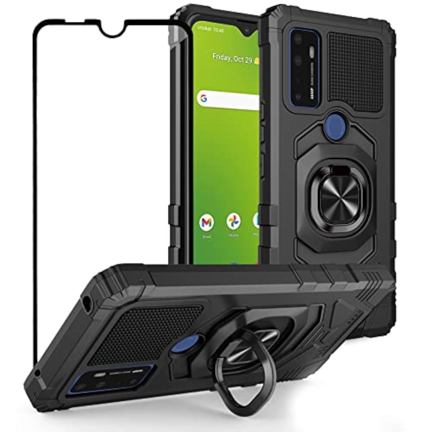 For At&T Radiant Max 5G 6.8"/Cricket Dream 5G /At&T Fusion 5G/Cricket Innovate 5G Phone Case With Screen Protector, Ring Magnetic Car Mount Kickstand, Rugged Protective Cover For Dream-Black