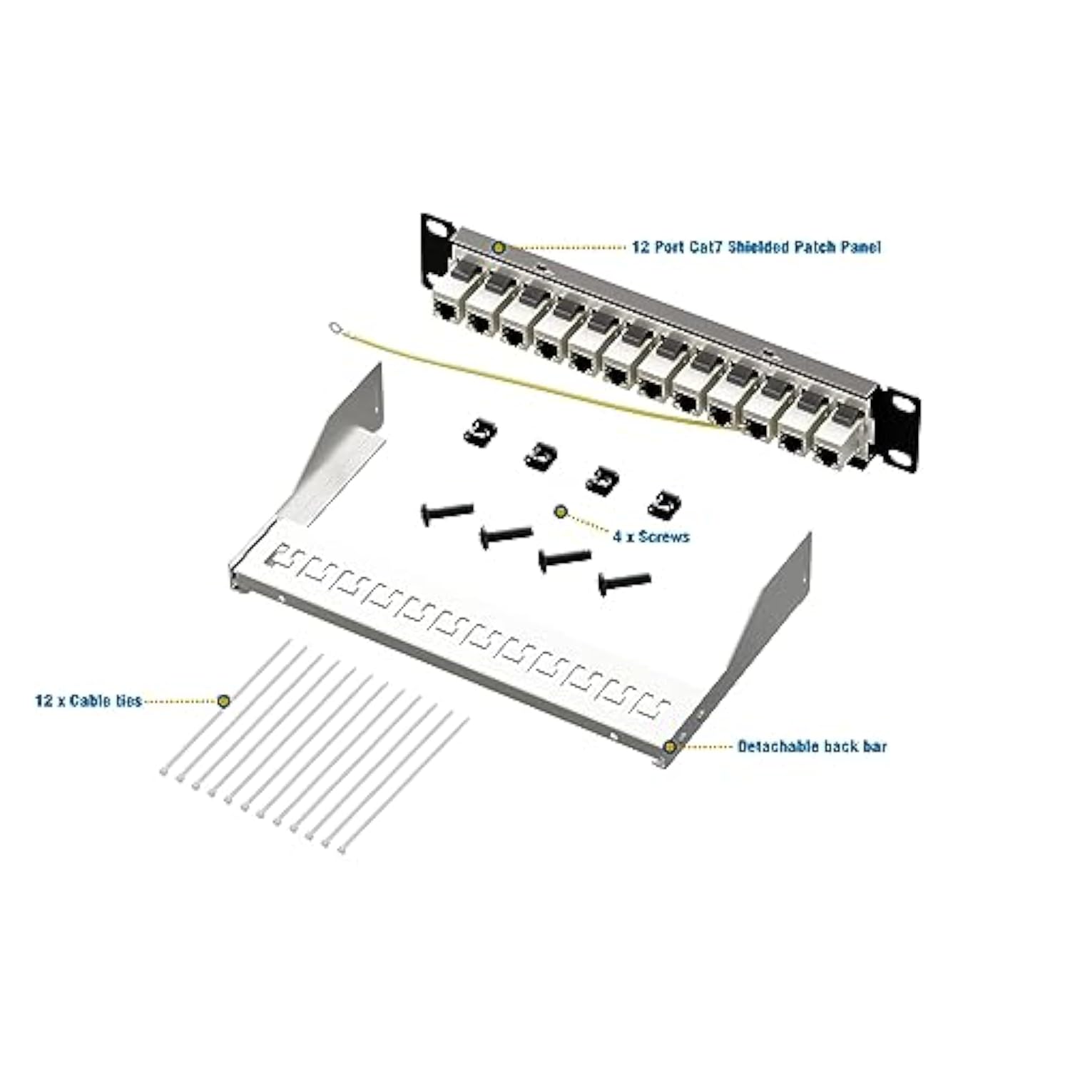 12 Port Rj45 Through Coupler Cat7 Patch Panel Stp Shielded With Back Bar, Wall