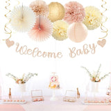 36 Pcs Champagne-Gold Baby Shower Kit Lanterns, Garland, Pom Poms & Banner