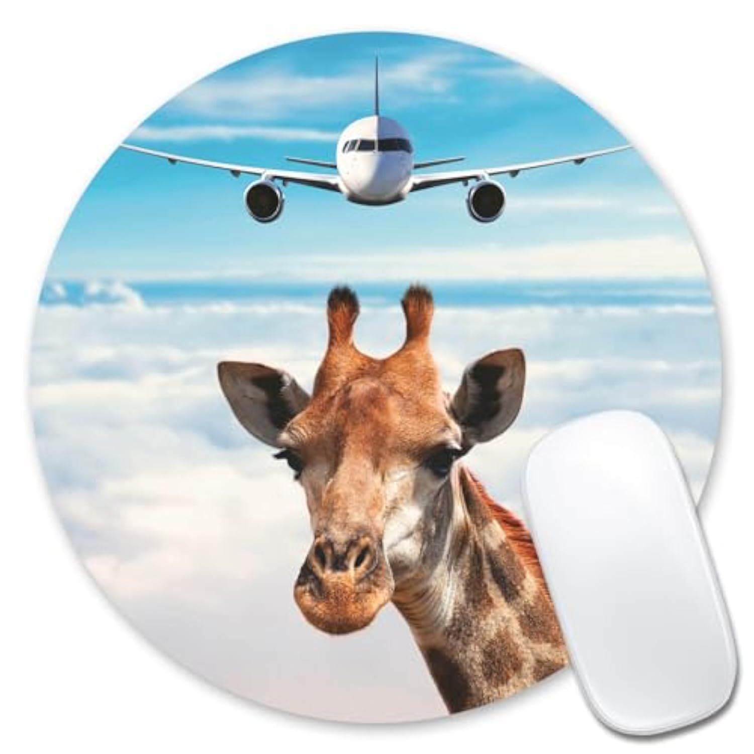 Mouse Pad A Plane And Cute Giraffe Above Clouds Non-Slip Rubber Base Mouse Mat Round Mousepad
