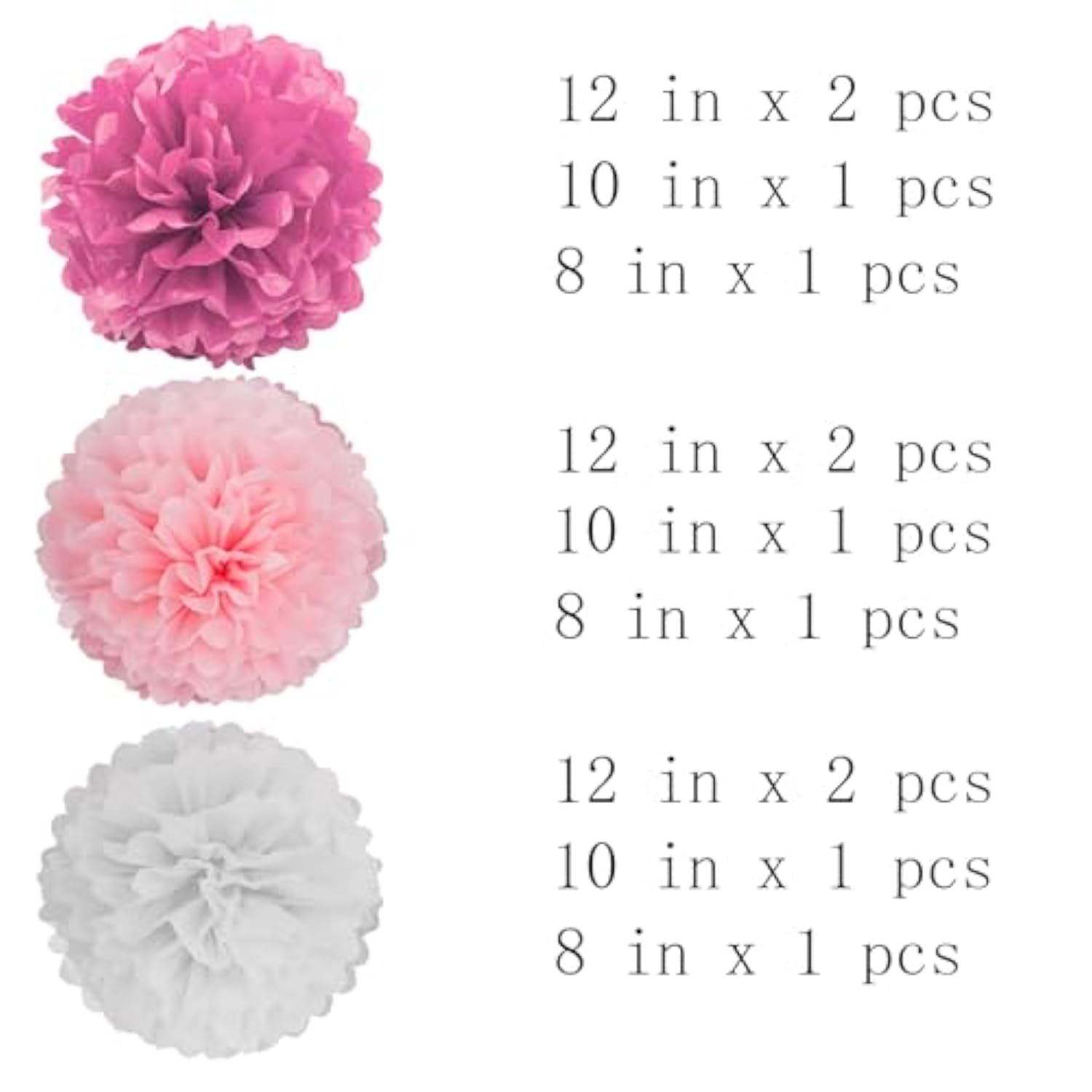 Pink Paper Pom Poms. Tissue Paper Flowers. Hanging Paper Flowers Decorations. Pack Of 12. For Wedding, Birthday, Party Decor. 12", 10", 8".
