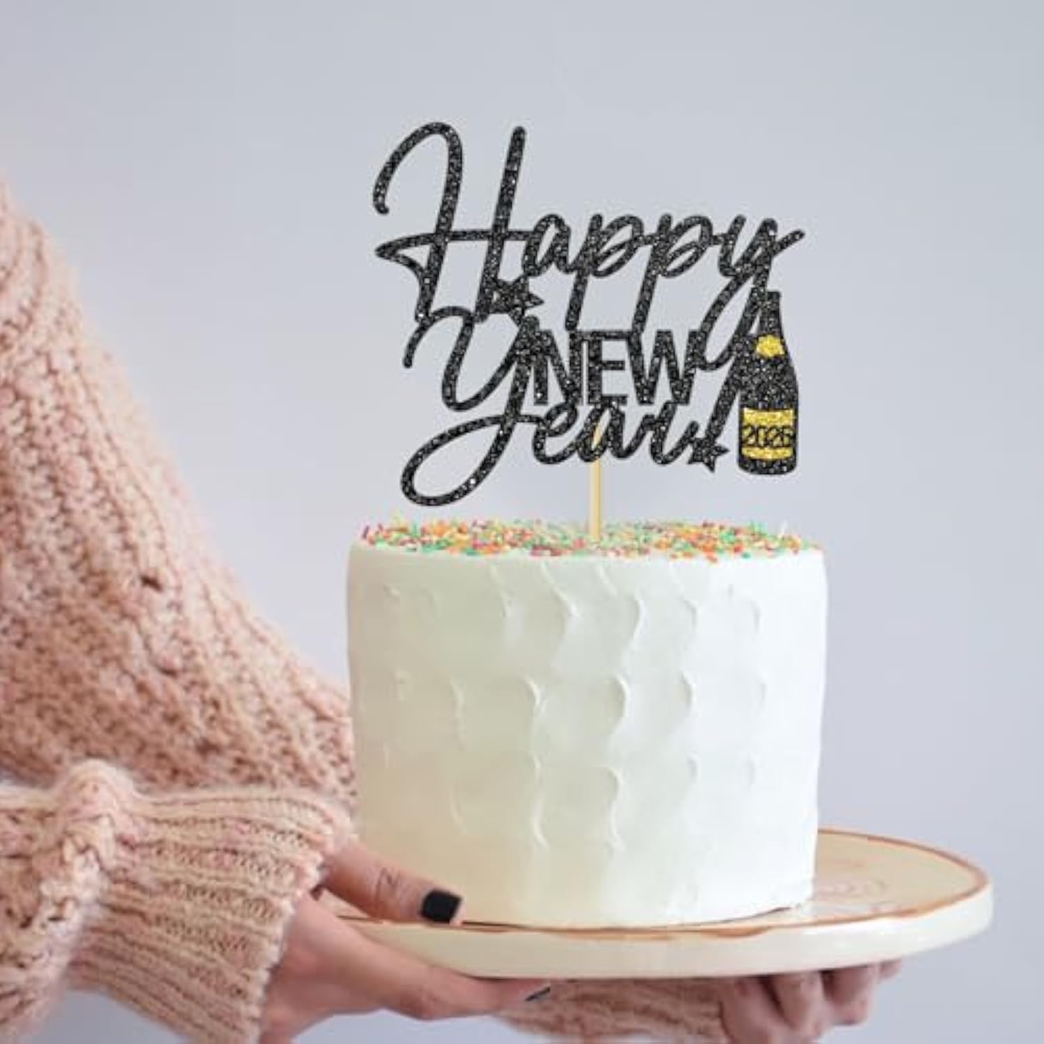 Happy New Year 2026 Cake Topper Black Glitter for Party Decorations