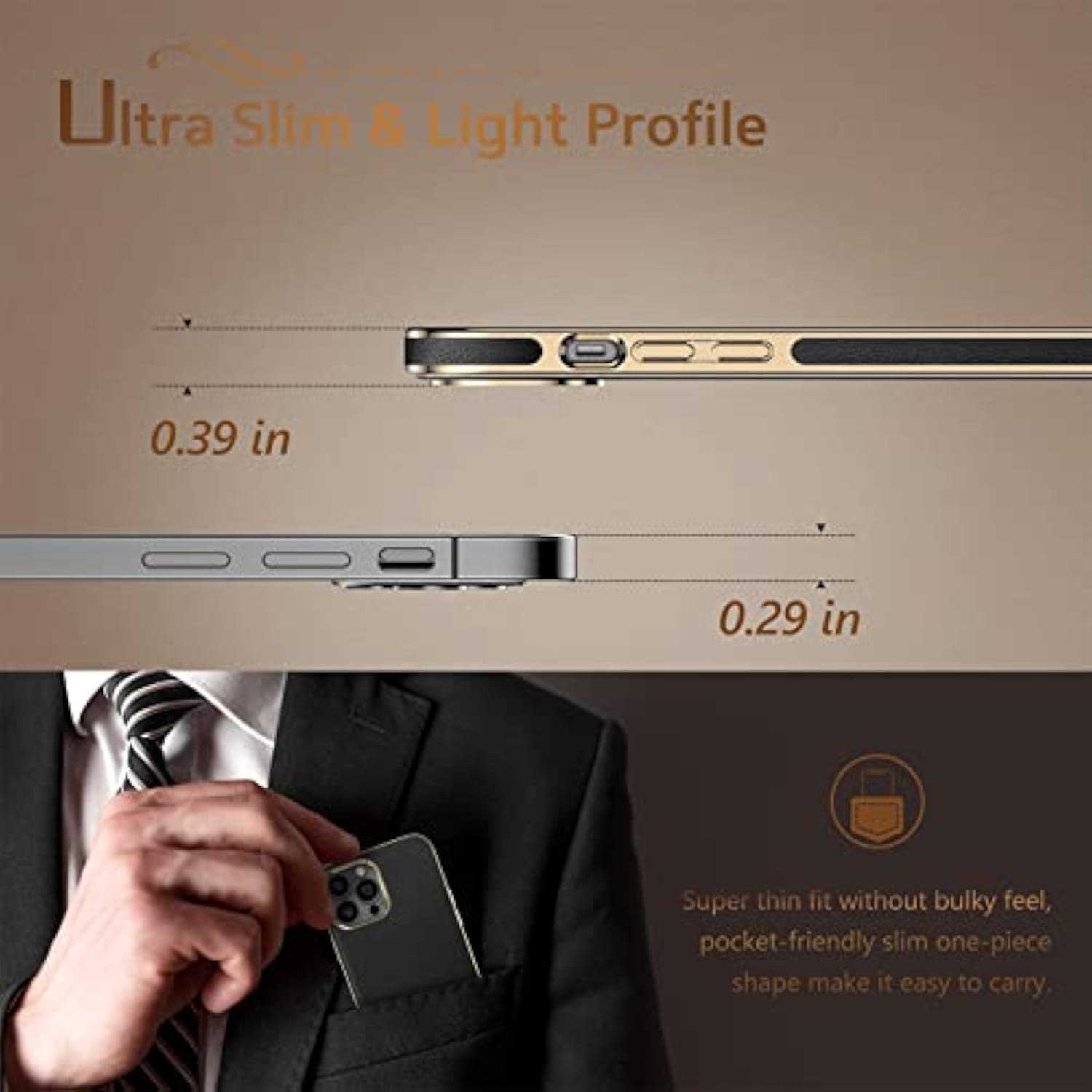 Designed For Iphone 13 Pro Leather Case, Luxury Business Classic Non Slip Soft Grip Full Body Protective Men Phone Cases Cover Compatible With Iphone 13 Pro 5G 6.1 Inch - Black Gold