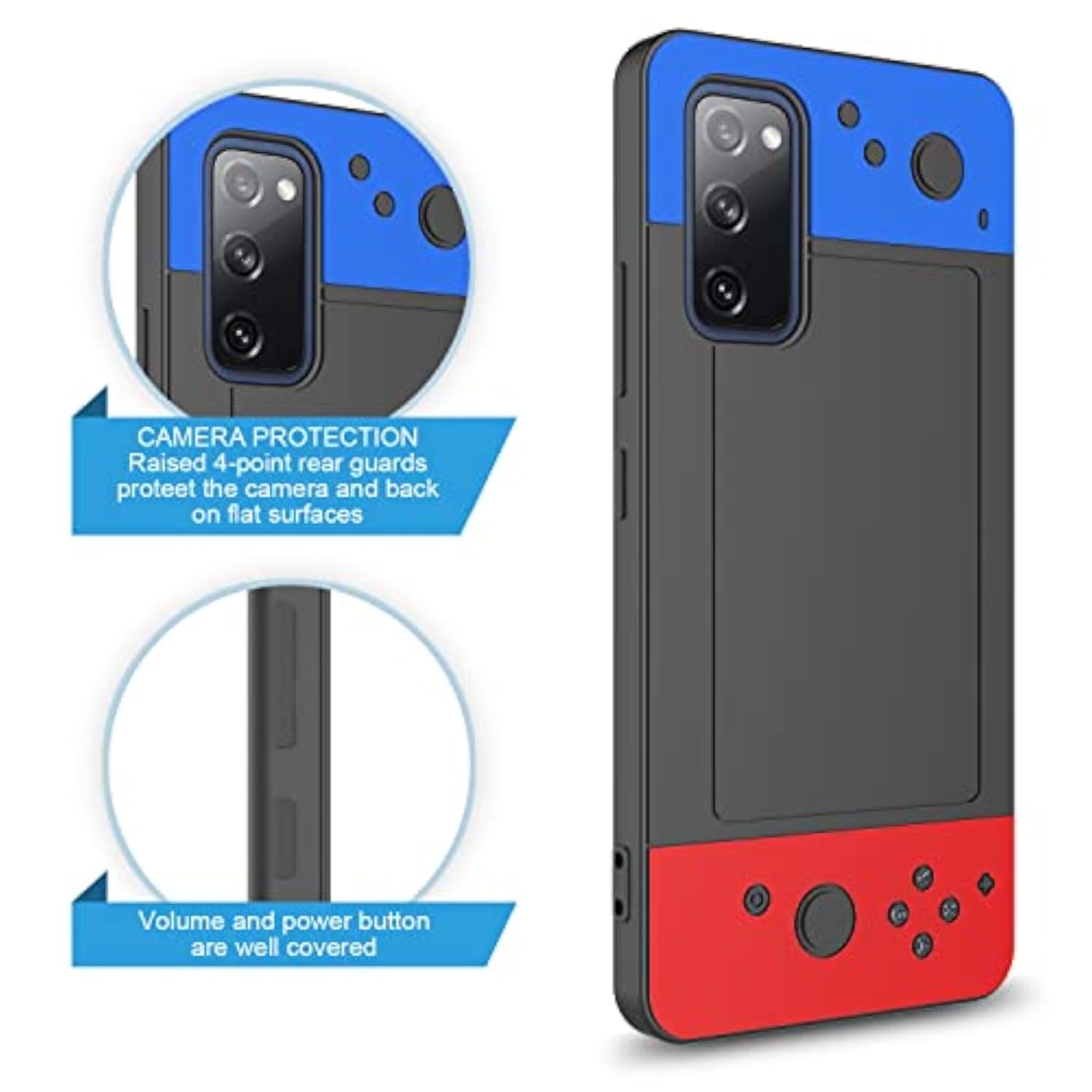 3D Cartoon Cute Kawaii Fun Cool Funny Video Game Design Phone Case for Galaxy S20-FE, Samsung S20-FE Cover, Anti-Slip Snap On Full Body Protection Cover for Men, Women, Teenagers, Blue, Red, Black