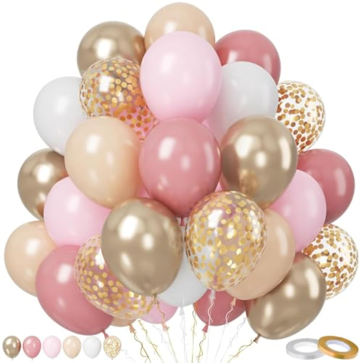 Blush Pink Balloon Set, 50 Pcs Pink And Champagne Gold, 12 Inch Dusty Pastel Pink Apricot Metallic Gold Confetti For Boho Birthday Bridal Shower Bachelorette Party Supplies
