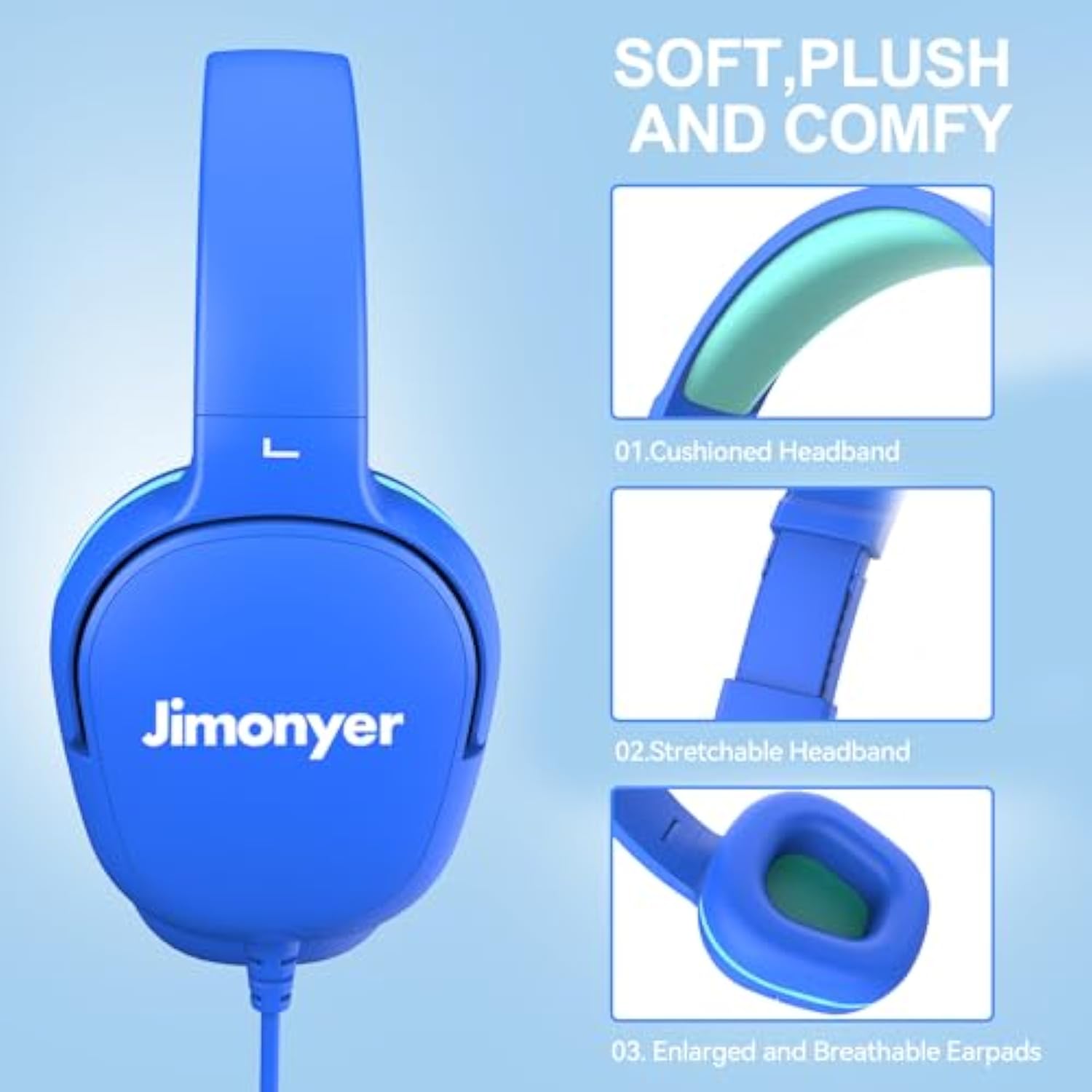Kids Wired Headphones with 3.5mm Jack, Safe Volume, HD Stereo, Blue