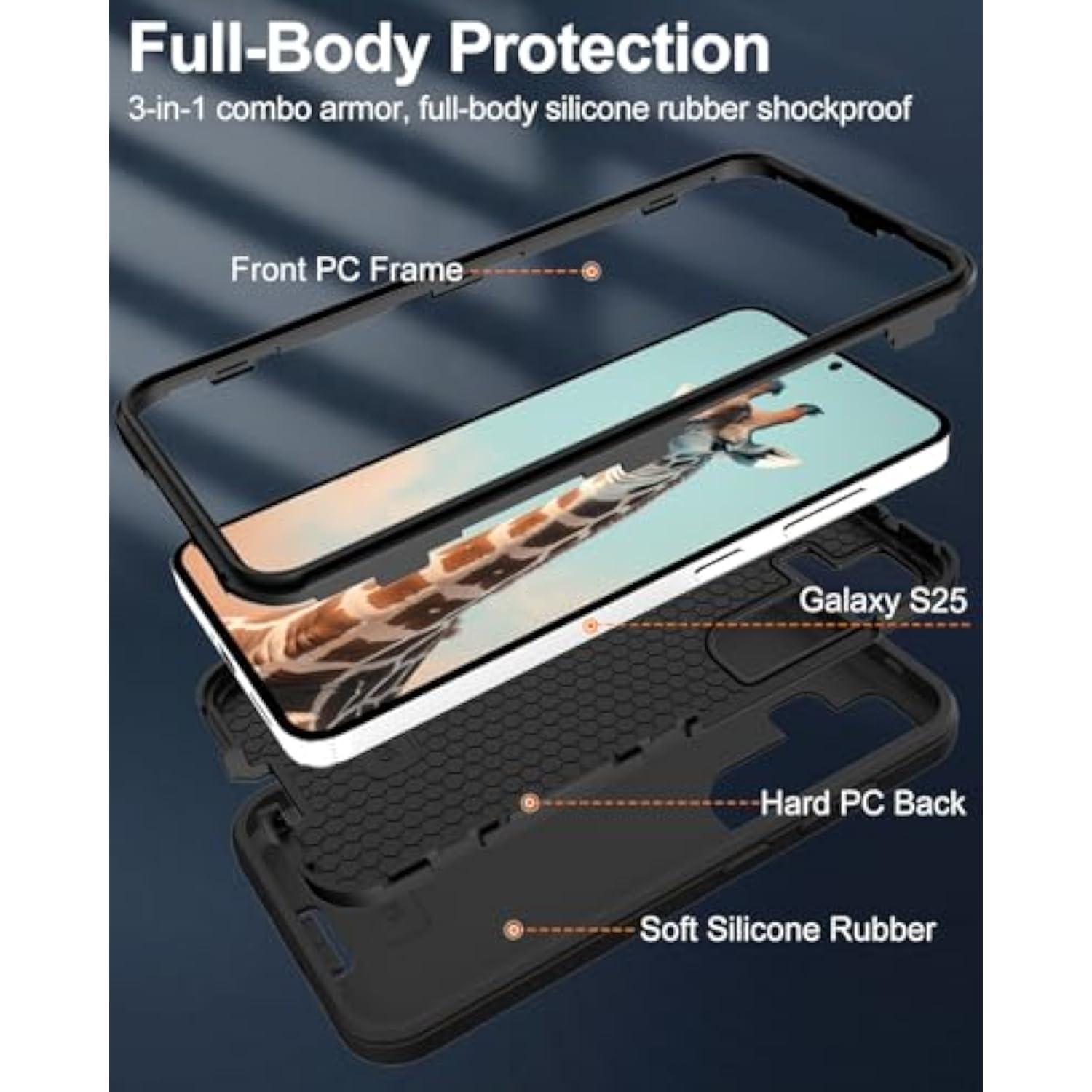 For Galaxy S25 Case, 3-Layer 16Ft Drop Protection, With Dustproof Port Cover, Full-Body Shockproof Heavy Duty Protective Phone Case For Samsung Galaxy S25, Black