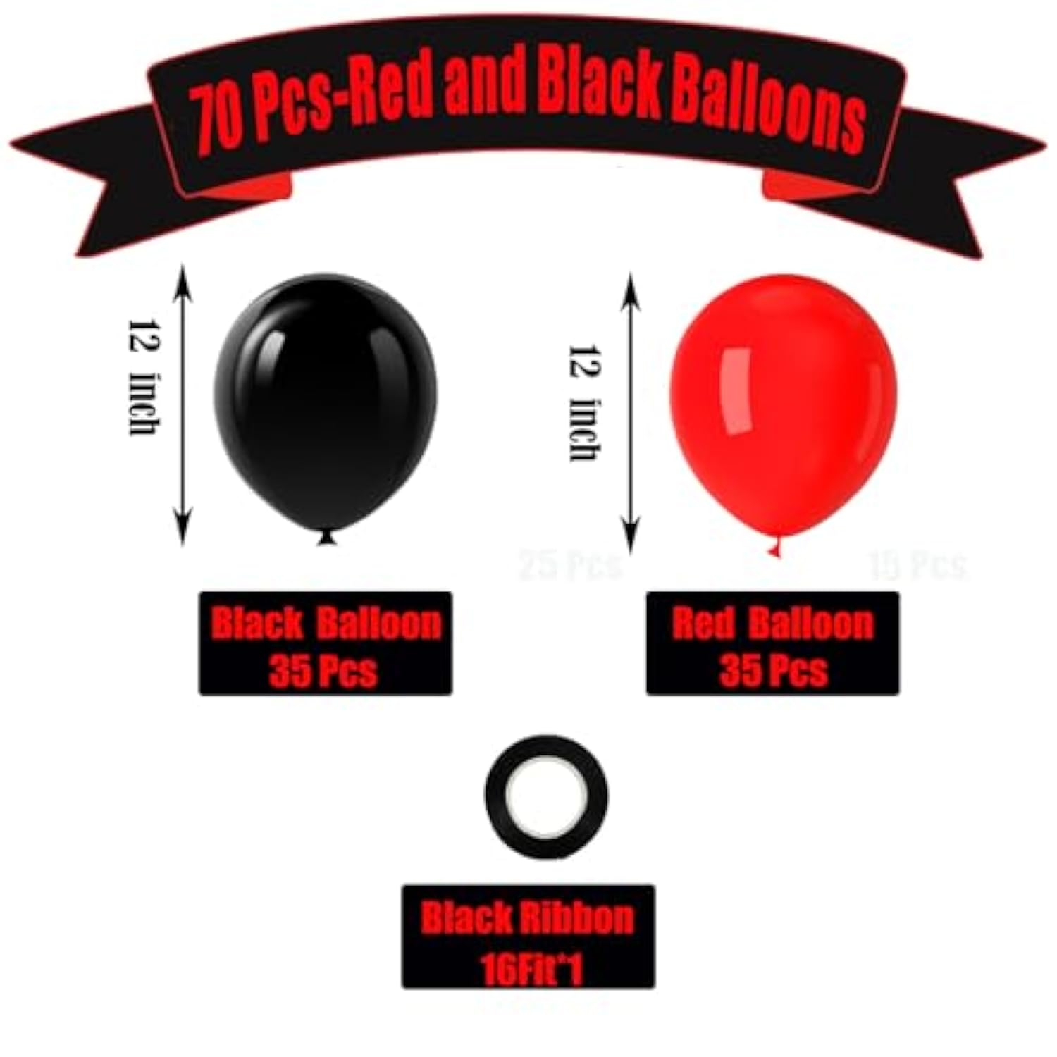 70pcs Red & Black 12" Latex Balloons — Party Decor for Birthdays & Events