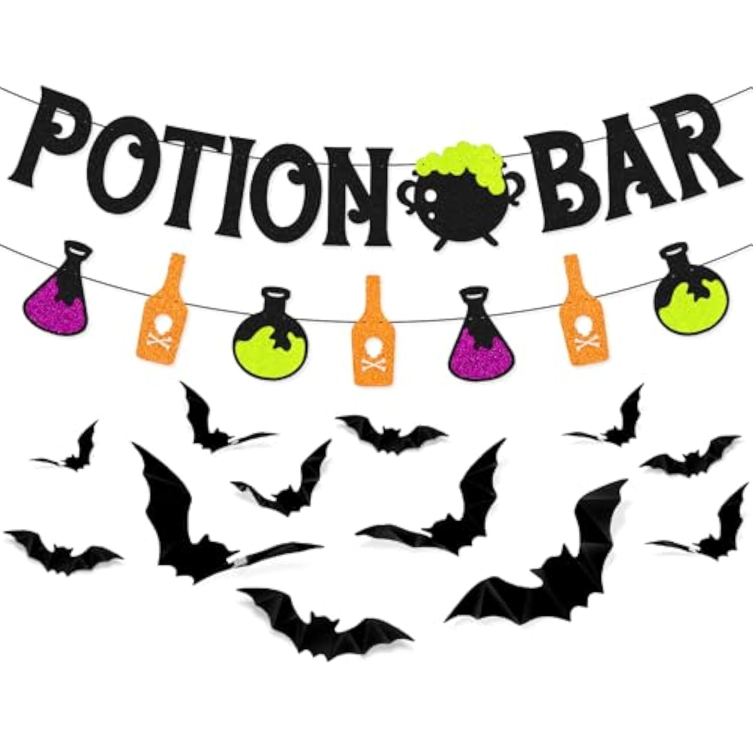 Potion Bar Banner Halloween Party Decorations with 3D Bat Wall Decor for Kids