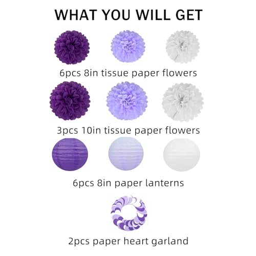 White Purple Party Decorations - 17Pcs Tissue Pom Poms Paper Flowers Lanterns Birthday Valentines Day Decorations Baby Girl Shower Women Bridal Wedding Engagement Bachelorette Graduation Hanging Decor