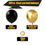 70pcs Black & Metallic Gold 12" Balloons for Graduation, Birthday, Anniversary Party Decor