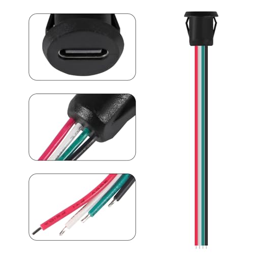 8pcs Type-C Female Chassis Waterproof 4P Solder Wire Type USB C Pigtail Cable Extension Power Cable USB-C Plug to 4 Pin Bare Wire Open End