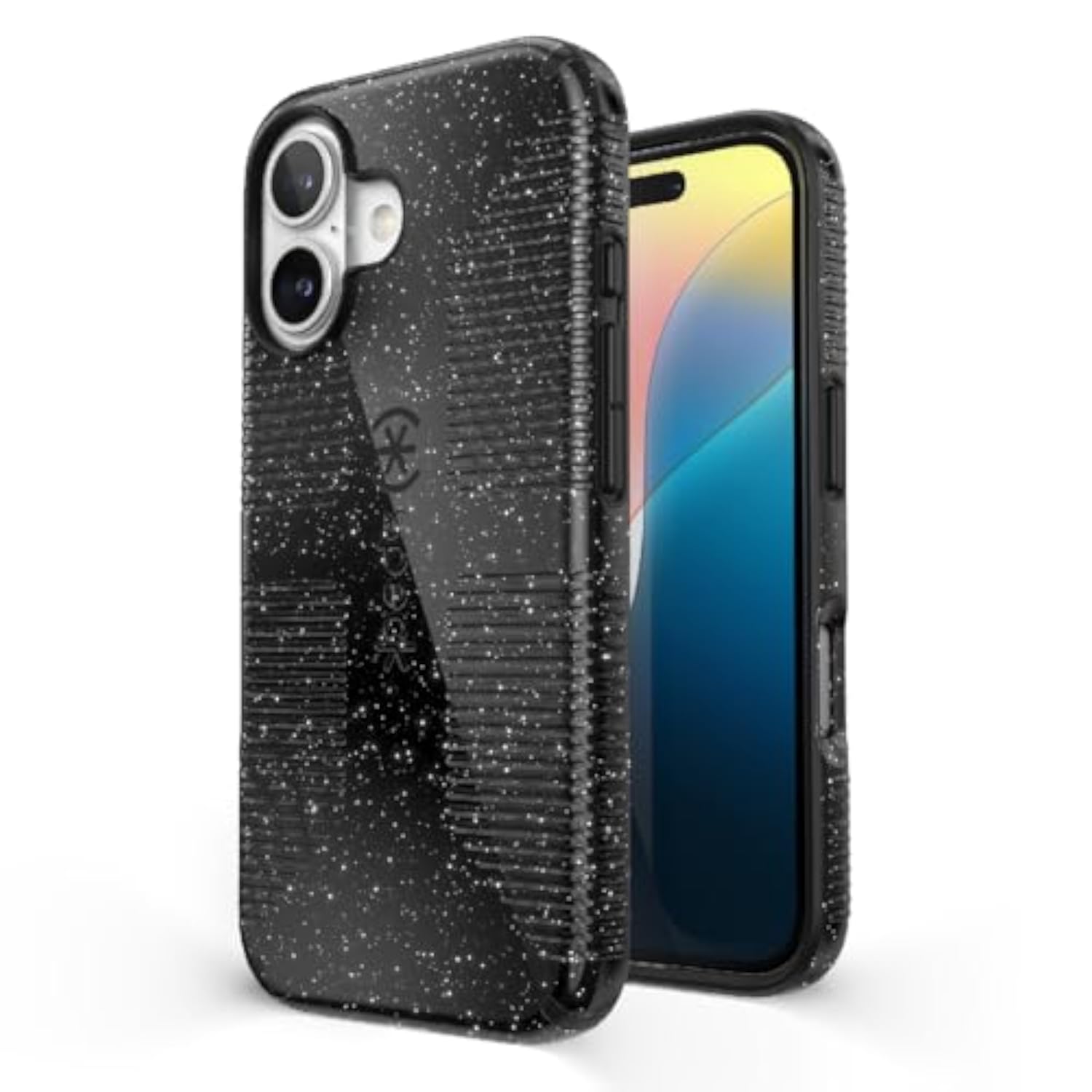 Speck CandyShell Grip iPhone 16 Case - Slim MagSafe - Black Glitter/Steel Black