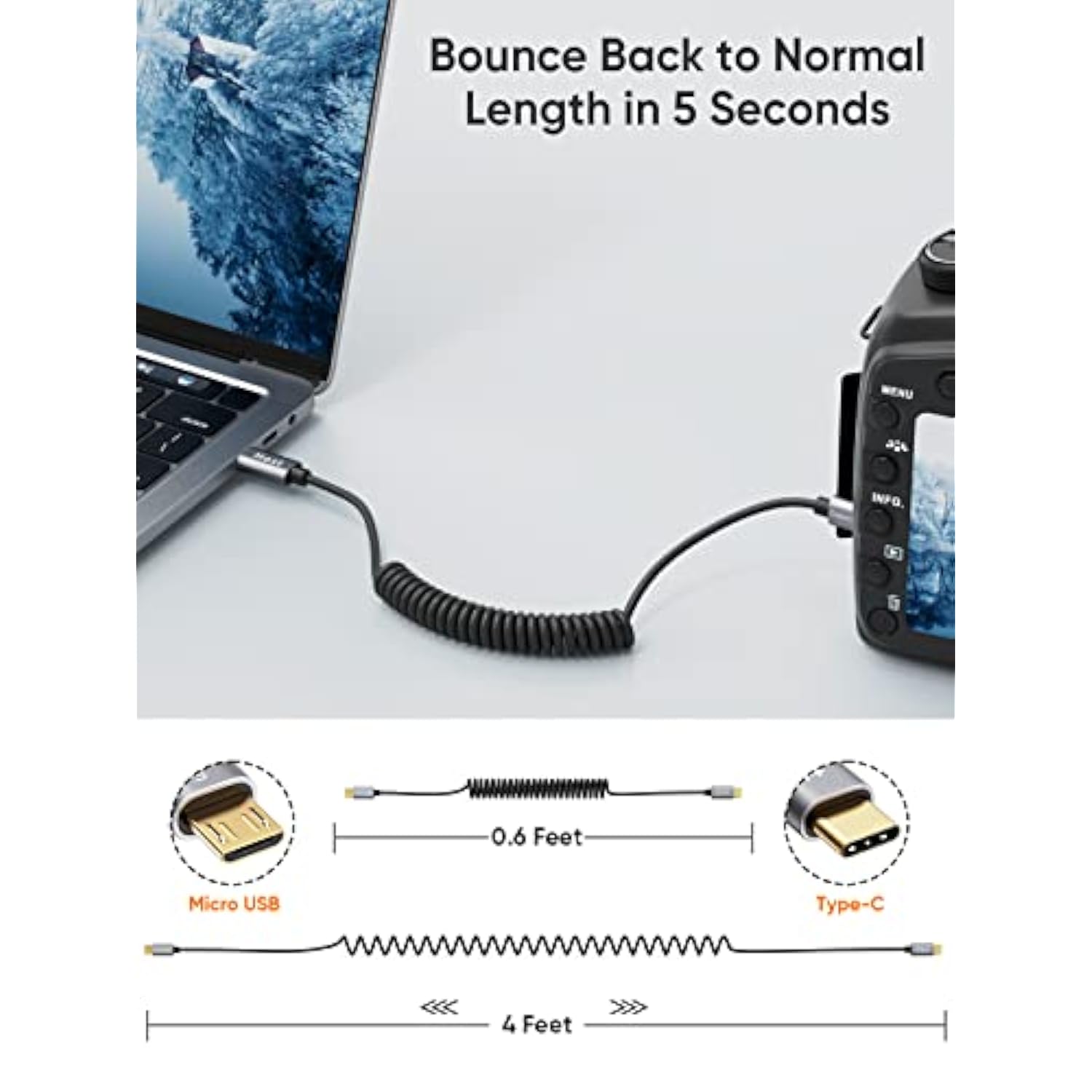 CableCreation Coiled Micro USB to USB C Cable 4FT, USBC to MicroUSB OTG 480Mbps Cord for Wall Chargers, MacBook Pro Air Galaxy S22 S21 Pixel 5/4/3 & More, 1.2M Black
