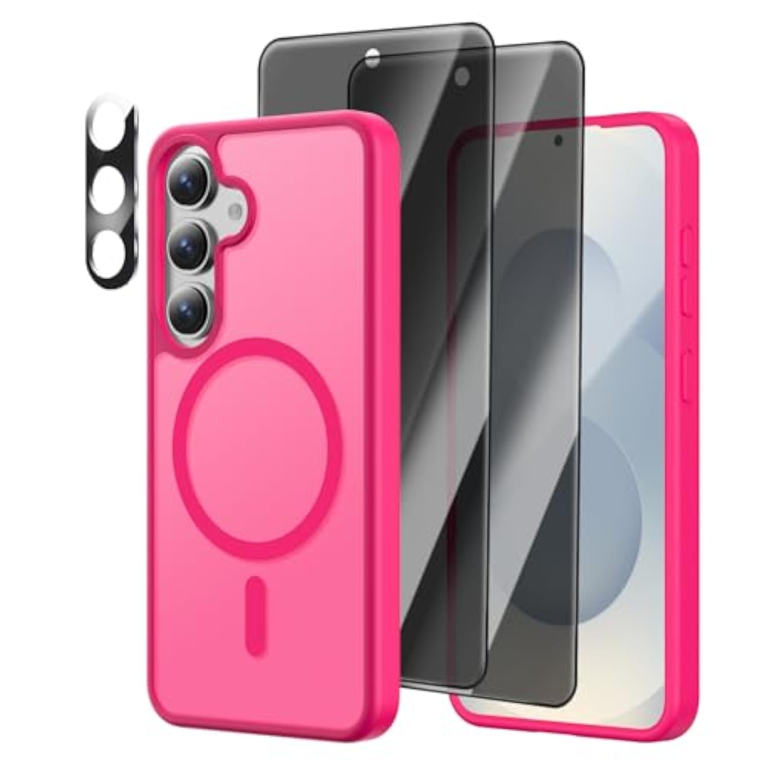 [4 In 1] Magnetic For Samsung Galaxy S25 Case, 2 Pics Privacy Screen Protectors And 1 Pic Camera Protector, Fit For Magsafe, Military Grade Shockproof Translucent Matte Galaxy S25 Cover 6.2“, Hot Pink