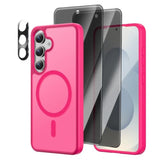 [4 In 1] Magnetic For Samsung Galaxy S25 Case, 2 Pics Privacy Screen Protectors And 1 Pic Camera Protector, Fit For Magsafe, Military Grade Shockproof Translucent Matte Galaxy S25 Cover 6.2“, Hot Pink