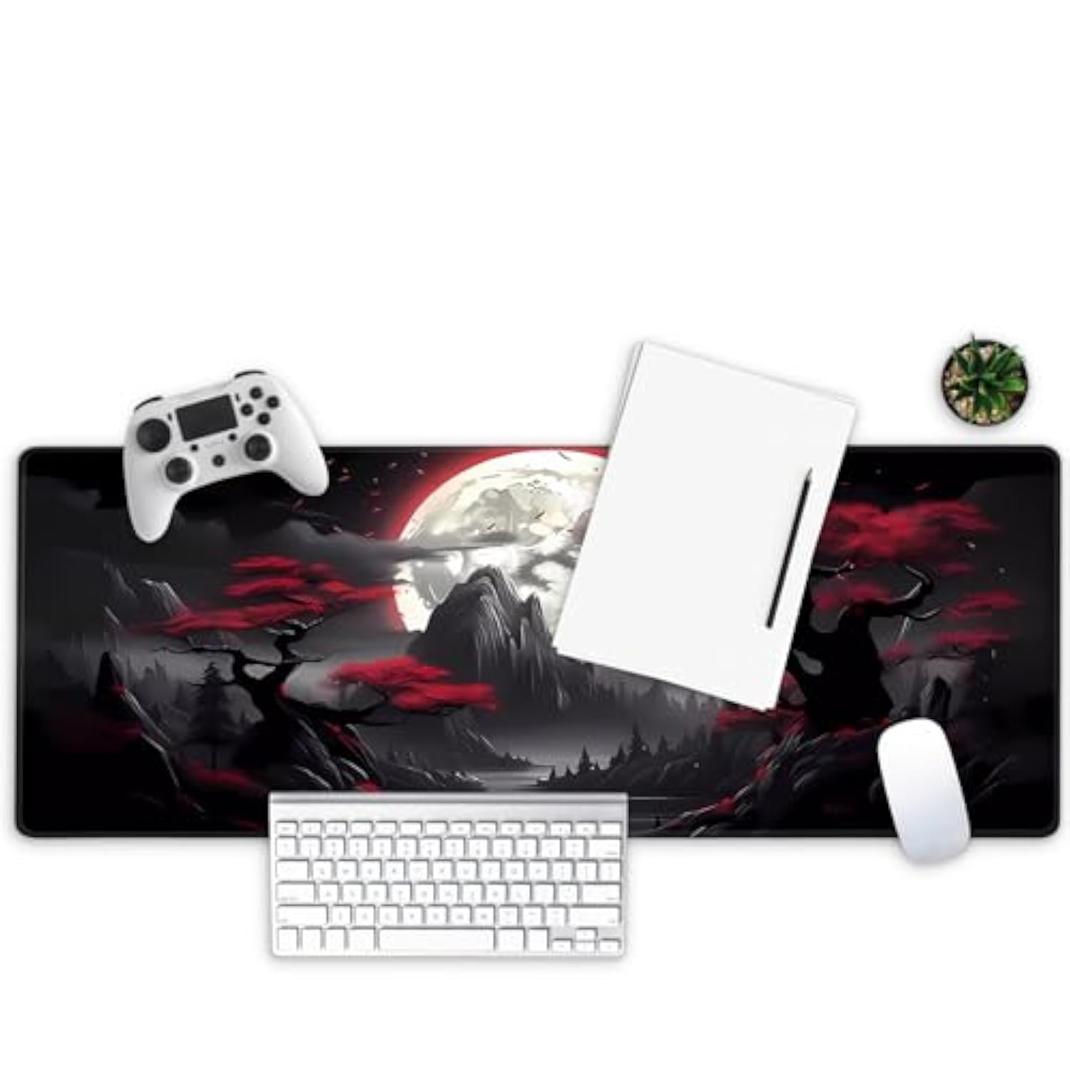 Large Gaming Mouse Pad, Full Keyboard Mat, Long Laptop Mousepad, Computer Mouse Mat For Home And Office, Anti-Slip Rubber Base, 31.5 X 11.8 Inches (Dark Red Moon)