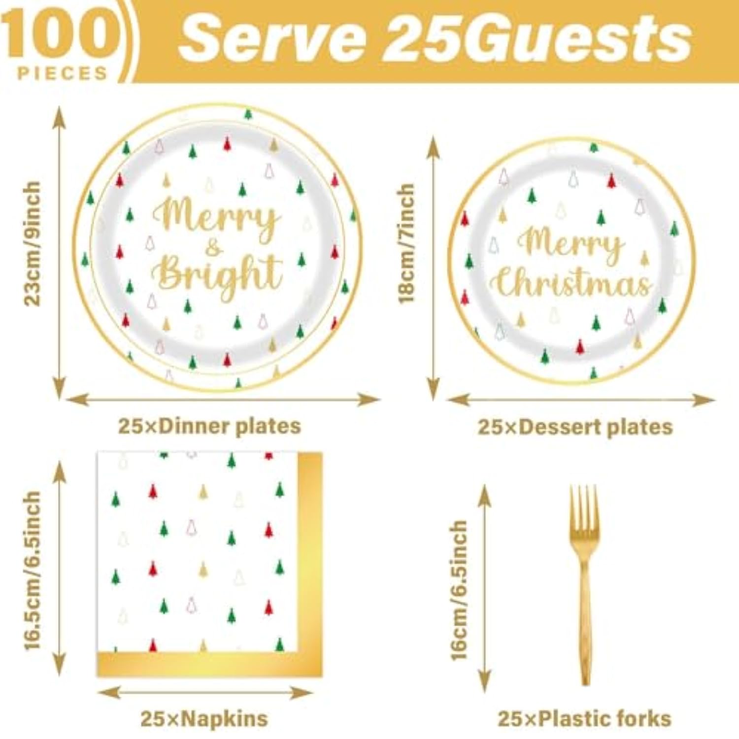 100 Pcs Christmas Paper Plates Napkins Party Supplies Merry Christmas And Tree Design In Red Green And Gold Merry And Bright Party Tableware For Disposable Xmas Holiday Dinner Party Decorations