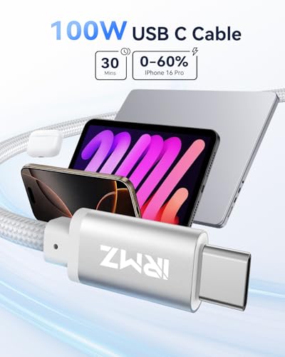 White USB C to USB C Cable 2ft for Car 100W C to C Cable Fast Charging, Short USBC Charger Cord for iPhone 17 16, for iPhone 17 Air, 16 Plus,16 Pro
