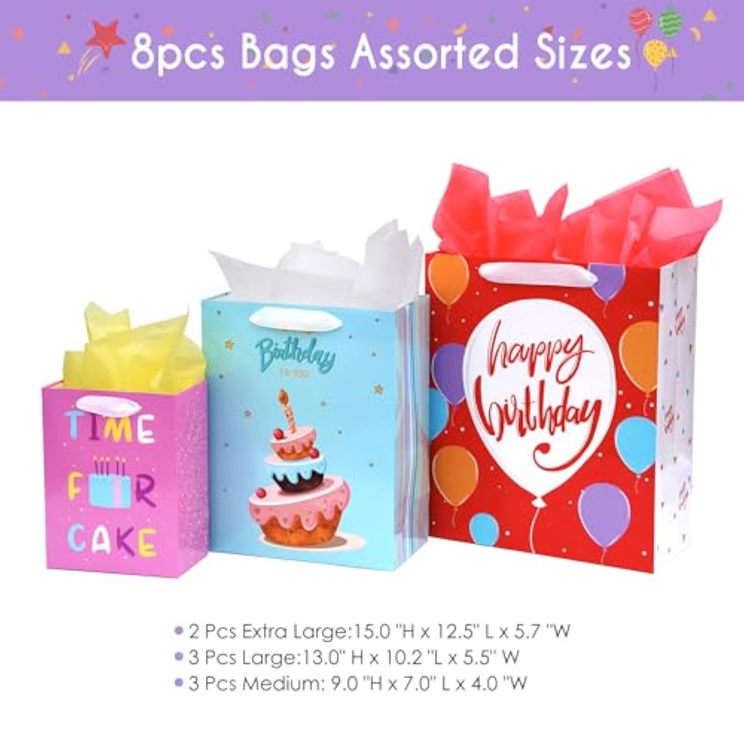 8 Pack Birthday Gift Bags Assorted Sizes (2 Extra Large 15", 3 Large 13",3 Medium 9") With Ribbon Handle And Tissue Paper, Reusable And Perfect For Wrapping Present