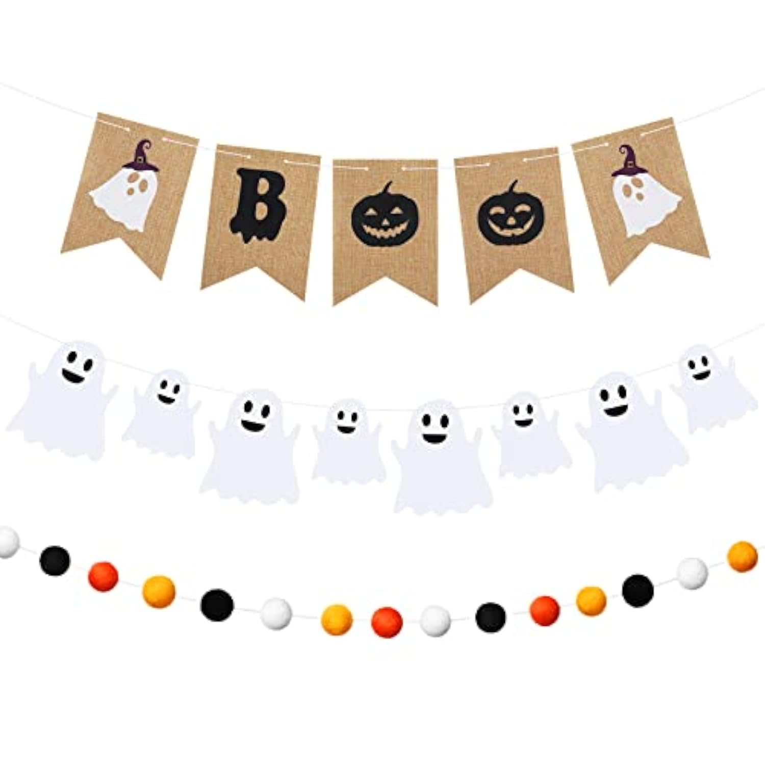 3PCS Halloween Burlap Boo Banner Felt Garland Ghost Orange Black Party Decor