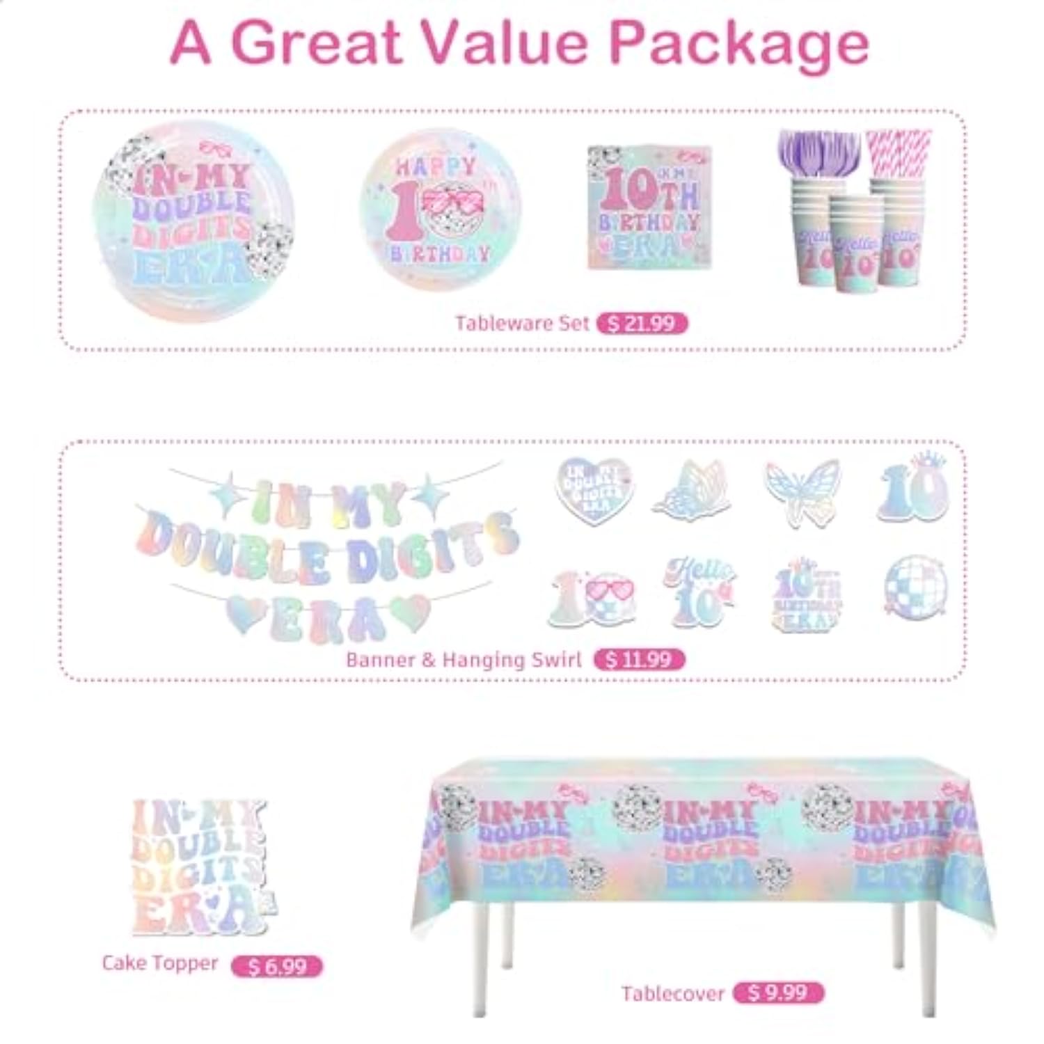 10th Birthday Party Tableware Set: "In My Double Digits Era" - Serves 25