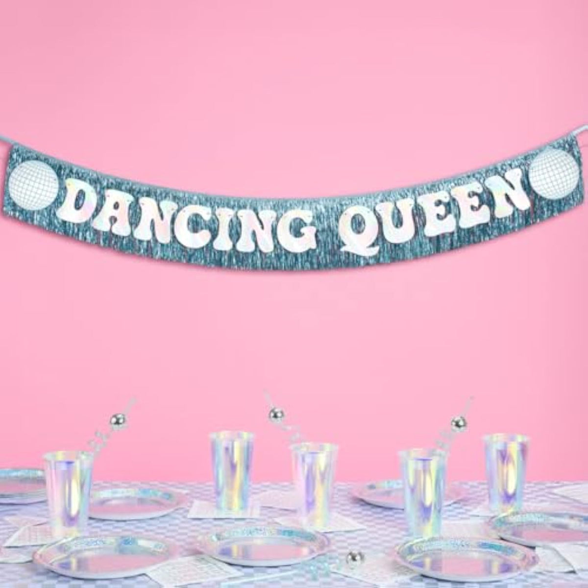 Dancing Queen Fringe Banner - Iridescent & Blue Fringe, 5 Ft. | Disco Bachelorette Decorations, 70S Backdrop, Groovy Birthday Party, Boogie Bach Backdrop