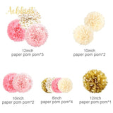Birthday Decorations For Girls Women,12Pcs Pink Gold Tissue Paper Pom Poms,For Party,Wedding,Baby Shower,Bridal Shower,Princess Party