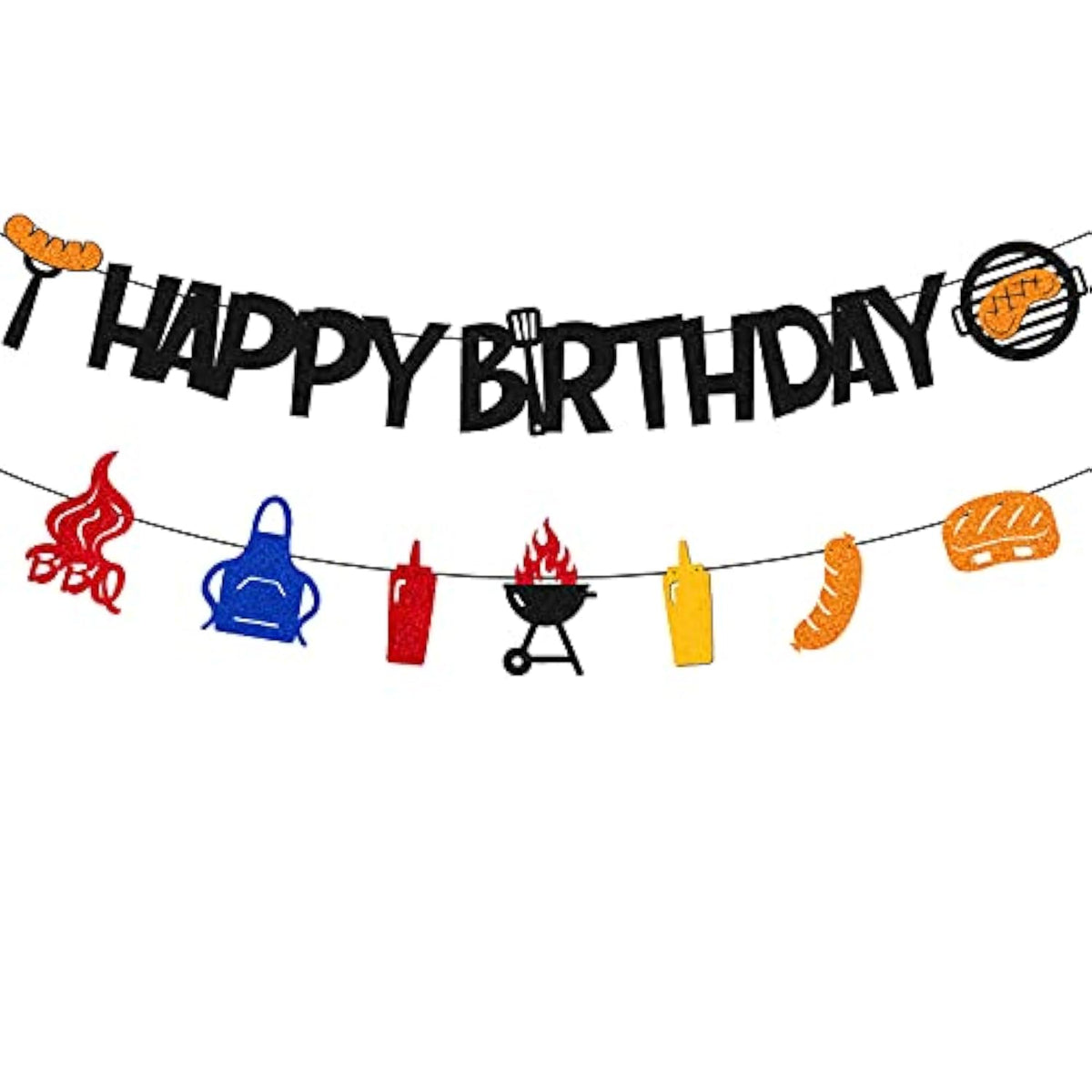 Bbq Happy Birthday Banner For Barbecue Picnic Sauce Grill Sausage Fork Fire Camping Theme Bday Party Supplies Black Glitter Decorations