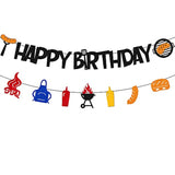 Bbq Happy Birthday Banner For Barbecue Picnic Sauce Grill Sausage Fork Fire Camping Theme Bday Party Supplies Black Glitter Decorations