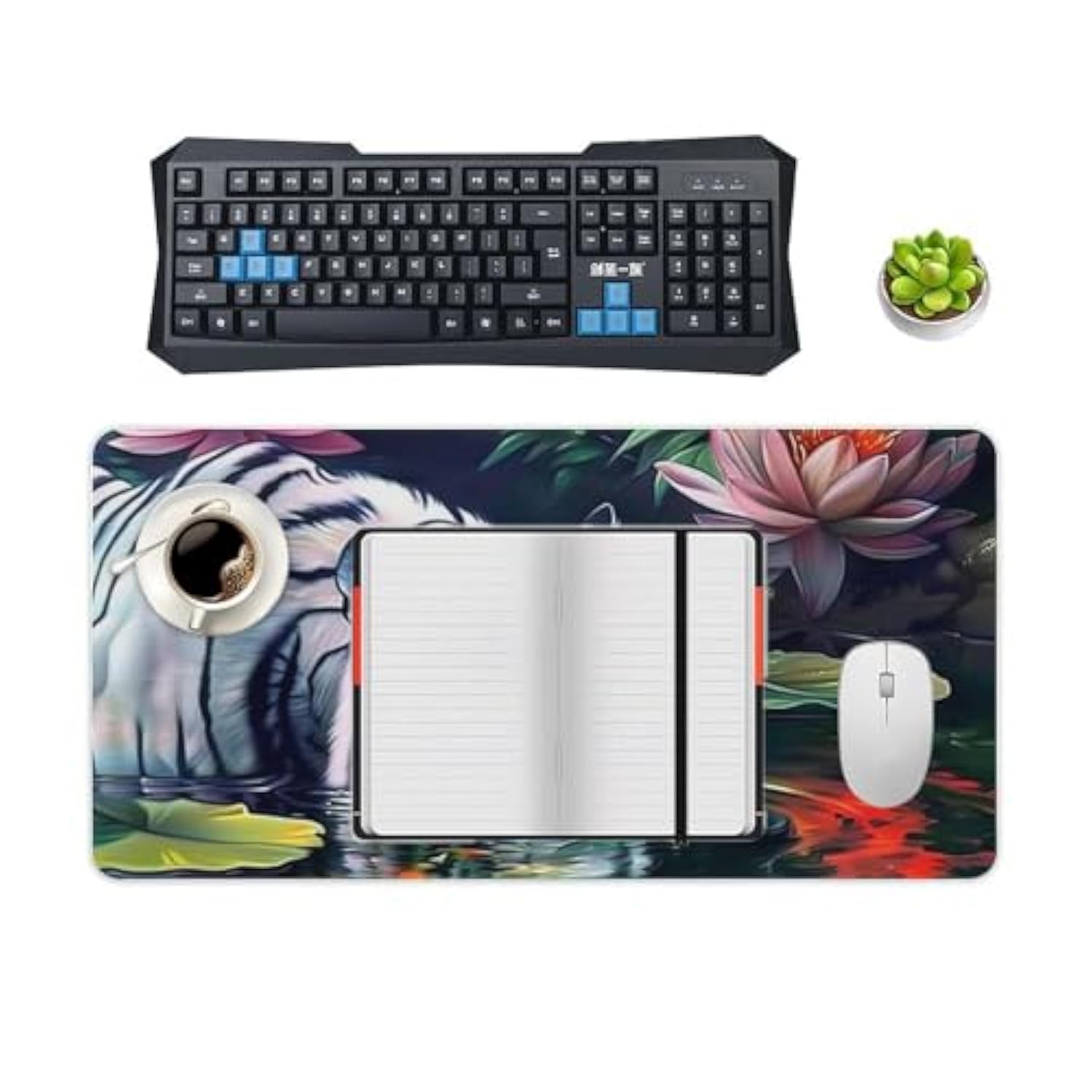 White Tiger Large Mouse Pad Wildlife Animals Mousepad Aesthetic Lotus Flower Desk Mat For Keyboard And Computer Pad Rubber Non-Slip For Gaming Home Office Supplies For Desk 23.6 X 11.8 Inch