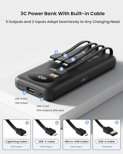 3C Certified Power Bank - 10000mAh 20W Fast Charging Battery Pack with Built-in 4 Cable Smart LED Display Flight-Approved Portable Charger Travel