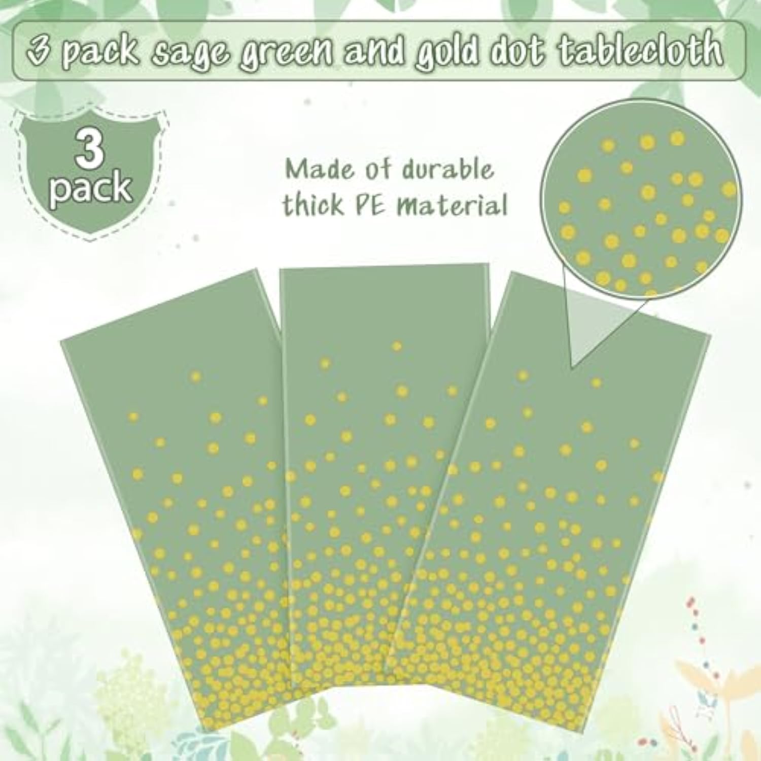 3 Pack Sage Green And Gold Plastic Tablecloth, Green Disposable Table Cloth For Rectangle Tables, Gold Dot Light Green Tablecloth For Baby Shower Birthday Wedding Party Decorations, 54"X108"