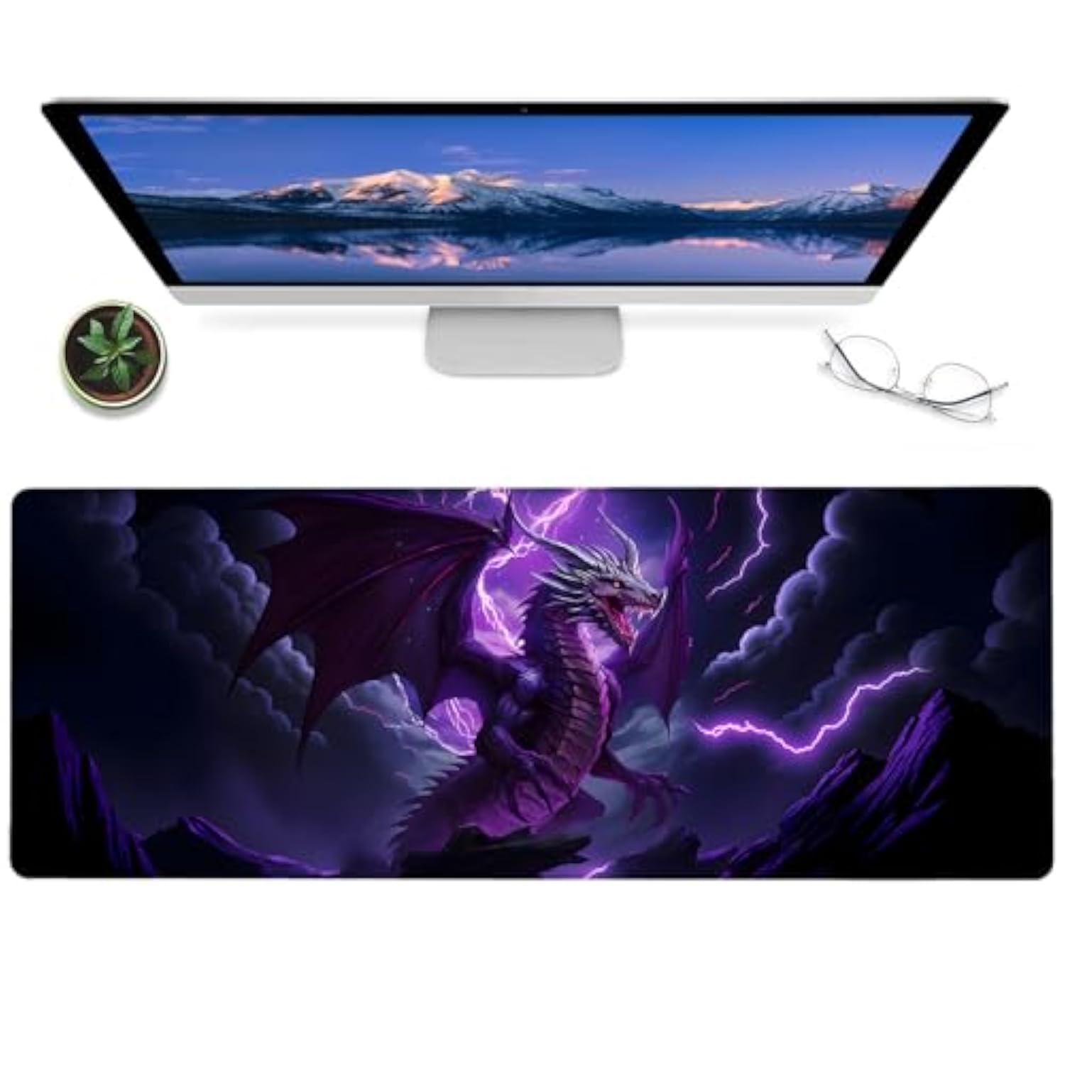 Purple Lightning Dragon Gaming Mouse Pad,12X31.5In Non-Slip Rubber Cool Animal Desk Mat,Large Extended Mousepad For Office Home Laptop,Fun Mice Pads Gifts,Game Lover Deskmat Decor
