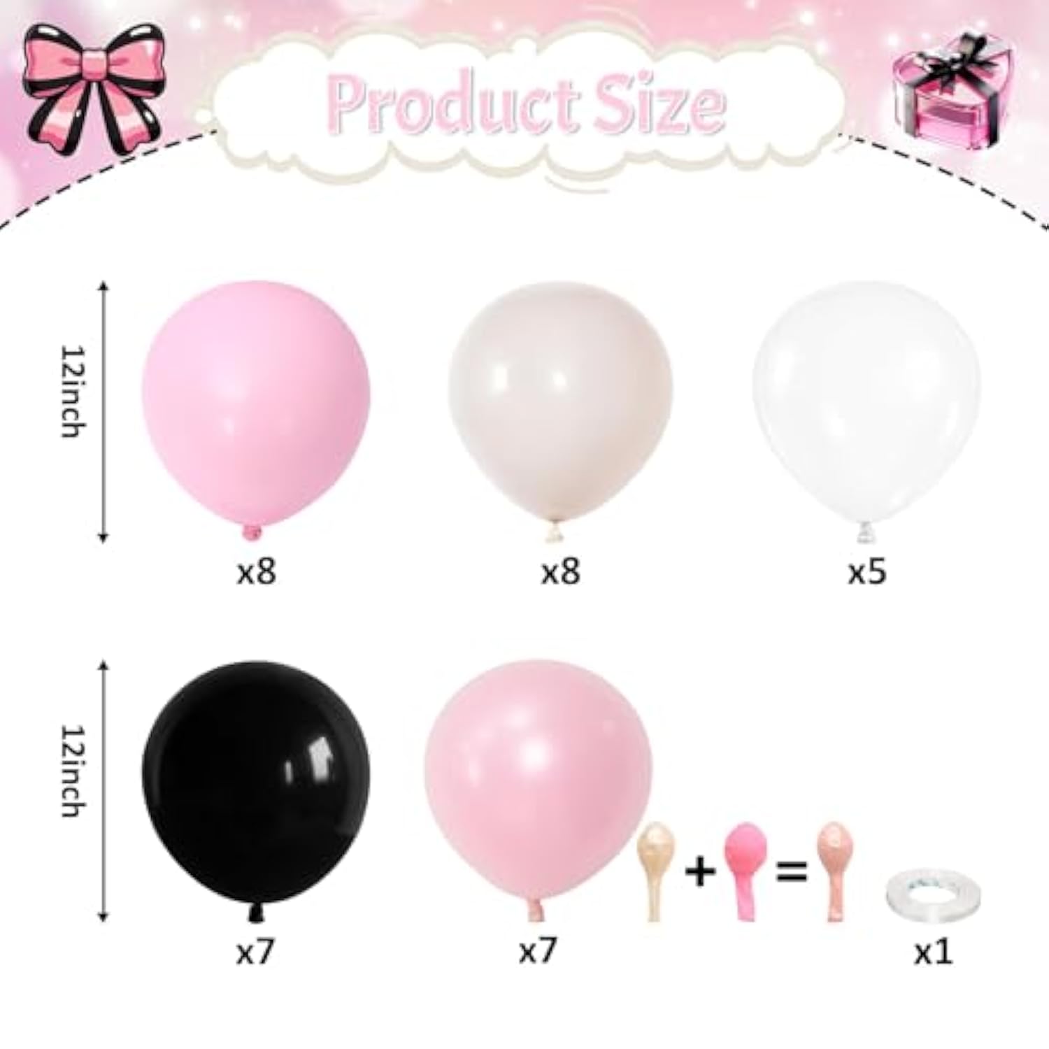 Black And Pink Balloons Set, Black White Clear Double Pearl White Pastel Pink Latex Balloons Set For Girl Women Bridal Baby Shower Wedding Valentines Sweet 16 Princess Birthday Party Decorations