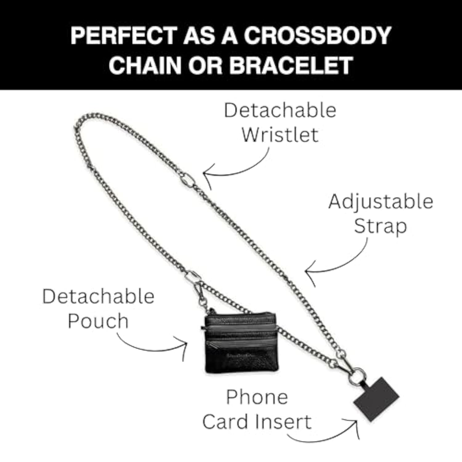 Clip & Go Metal Chain Phone Lanyard with Pouch Gunmetal Black