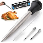 Stainless Steel Turkey Baster For Cooking - Food Grade Metal Baster Syringe & Silicone Suction Bulb - Large Size With 2 Detachable Needles And Cleaning Brush