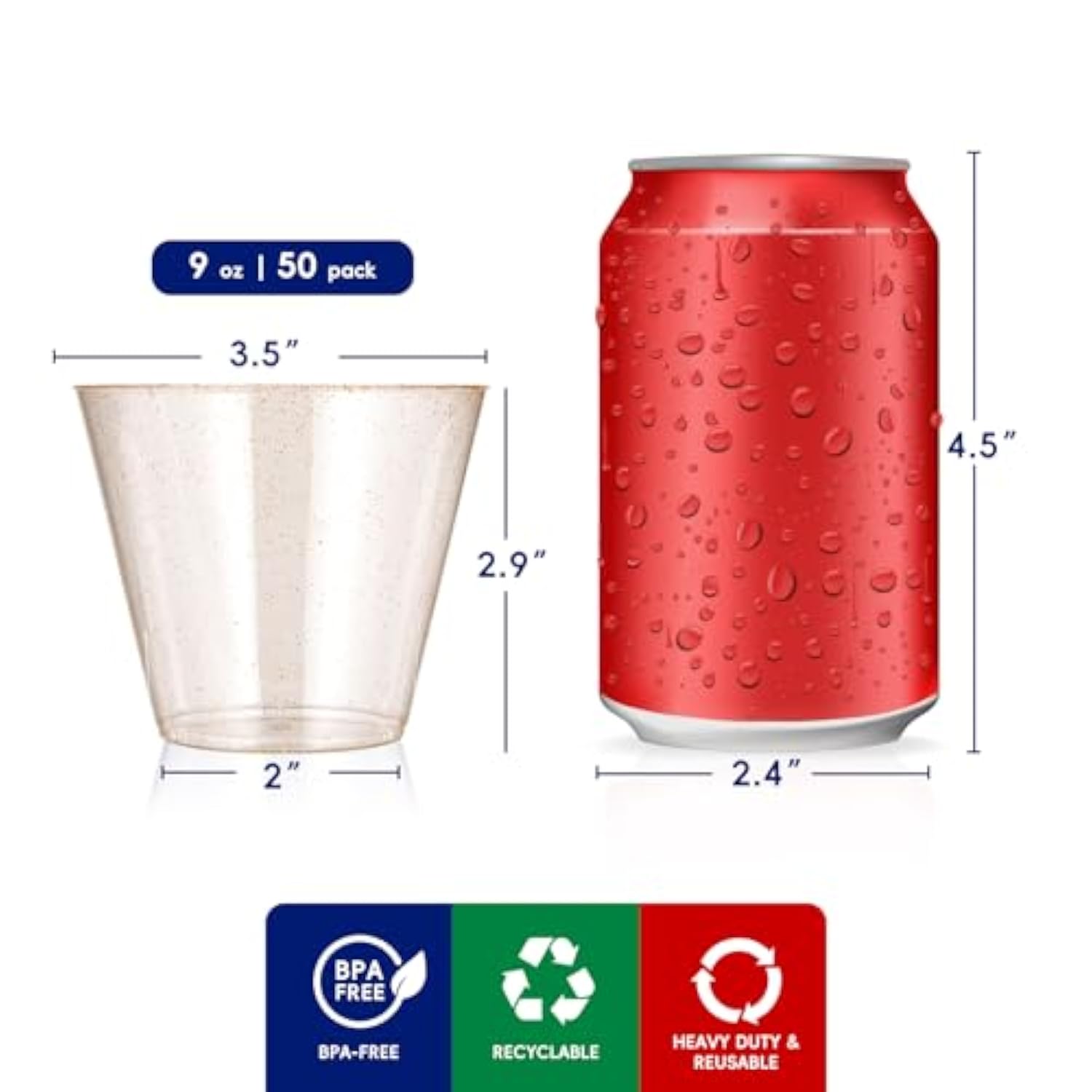 50 Pack 9 Oz Glitter Plastic Cups, Disposable Gold Cups, Clear Plastic Tumblers For Weddings Thanksgiving, Christmas Parties