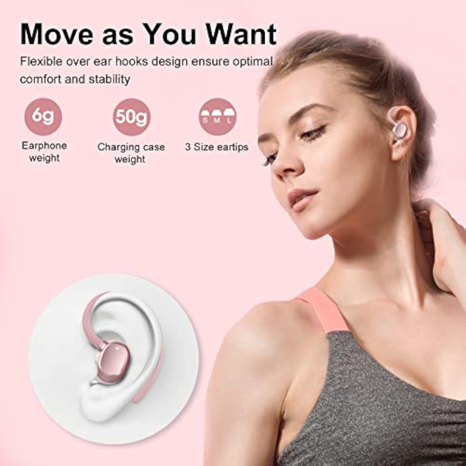 Ear Buds Wireless Earbuds, Hifi Stereo Bluetooth 5.3 Running Headphones With Dual Led Display 30Hrs Playtime, Builtin Mic, Typec, Inear Bluetooth Earphones With Earhooks For Sport, Rose Gold