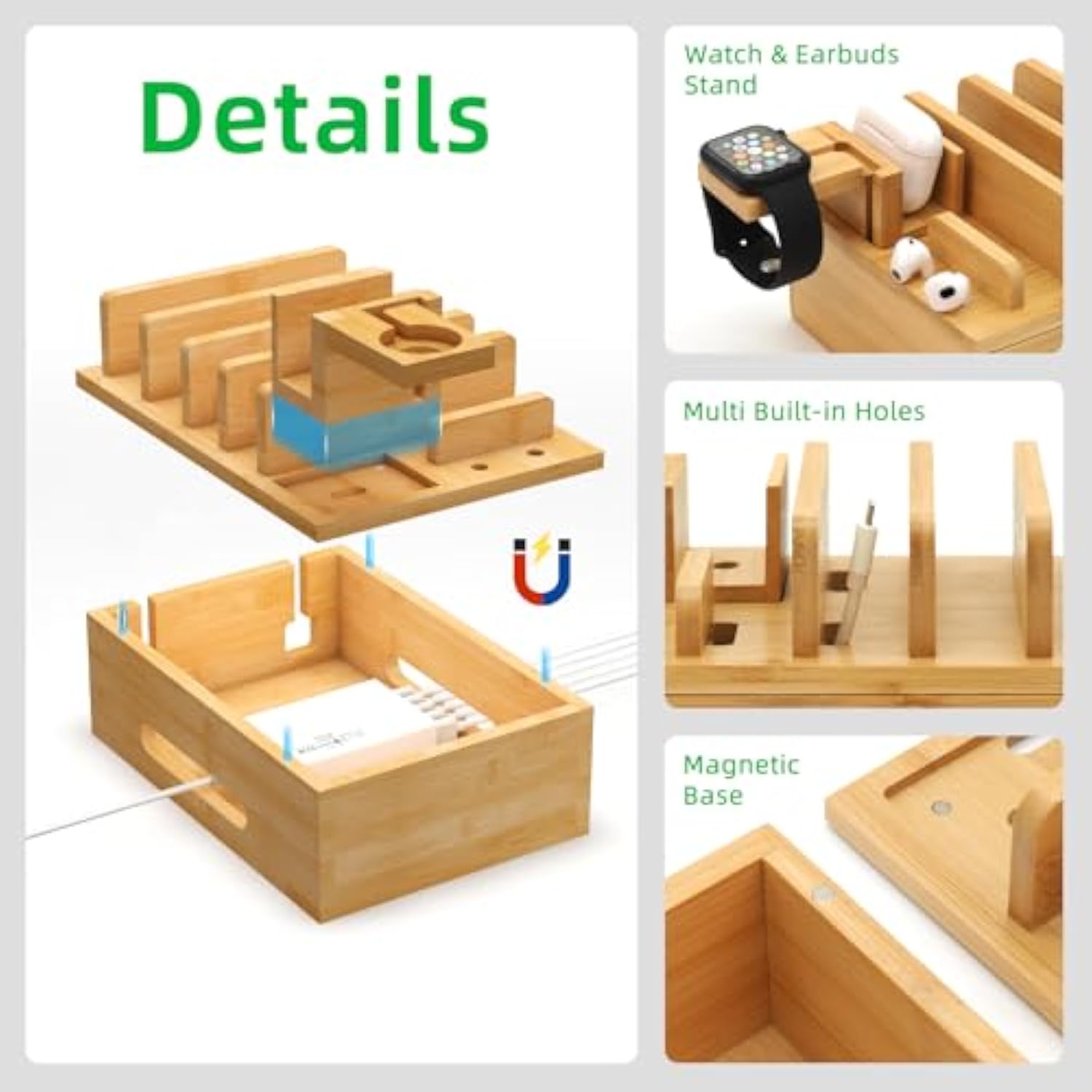 Bamboo Charging Station For Multiple Devices, Desk Wood Docking Station For Phones, Tablets, Watch, Earbuds, Charger Organizer Included 6 Cables & 5-Port Usb Charger