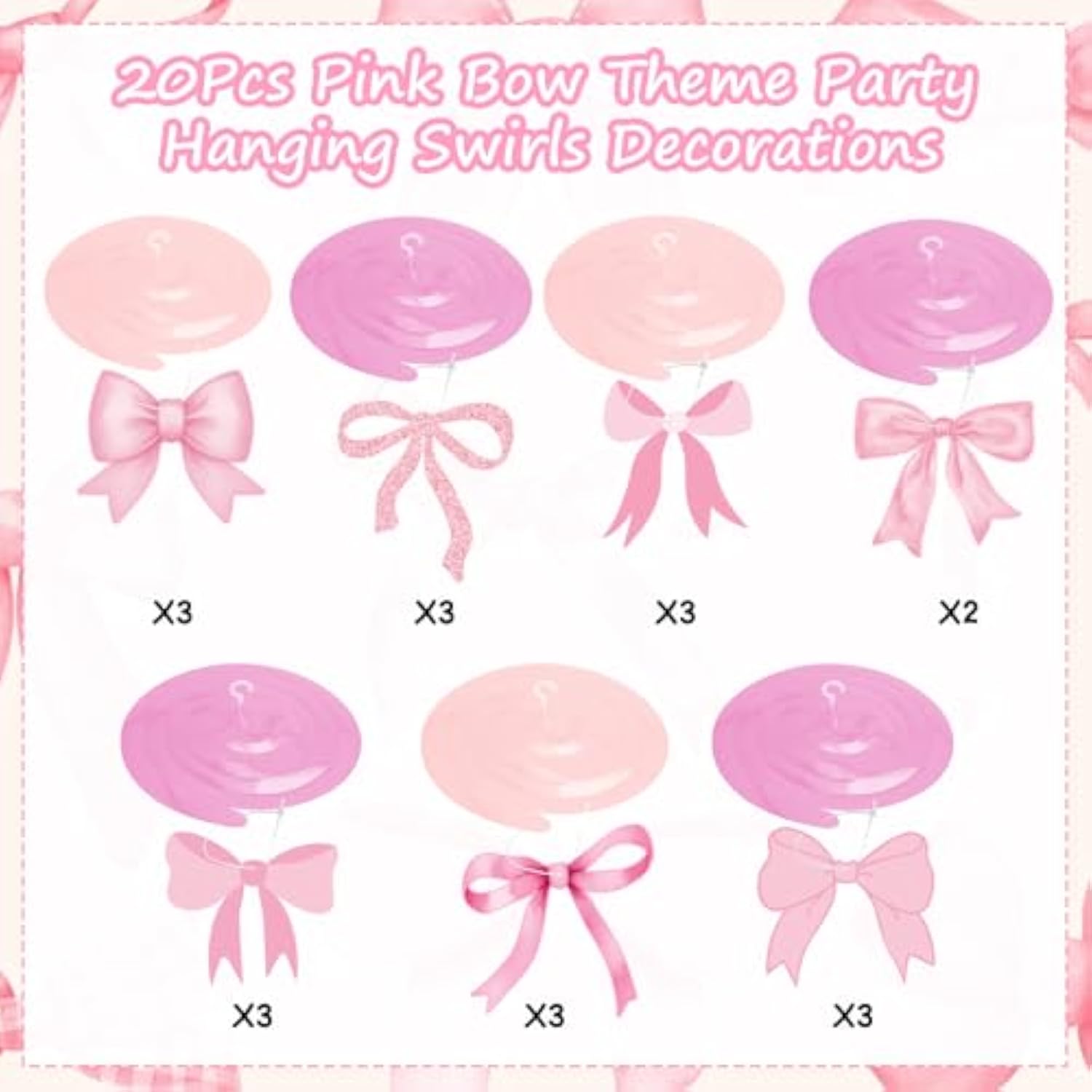 20Pcs Pink Bow Hanging Swirls, Girl Birthday Baby Shower Bachelorette Decor