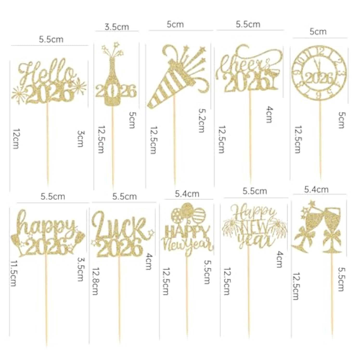 60pc Happy New Year 2026 Glitter Cupcake Toppers Balloon Fireworks Clock