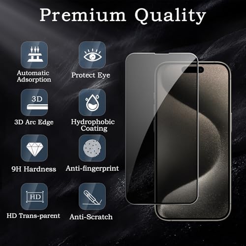 [2+2 Pack] Privacy Screen Protector for iPhone 15 Pro, Anti-Spy Shatterproof Tempered Glass with Camera Lens Tempered Glass 9H Hardness Bubble Free