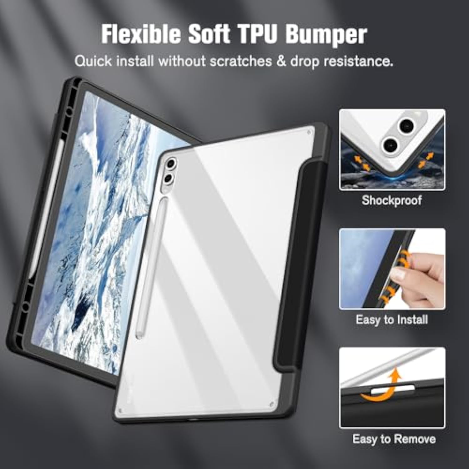 Fintie Hybrid Slim Case For Samsung Galaxy Tab S10 Plus 2024 / S9 Fe Plus 5G 12.4 Inch 2023 With S Pen Holder, Shockproof Cover With Clear Transparent Back Shell, Auto Wake/Sleep, Black