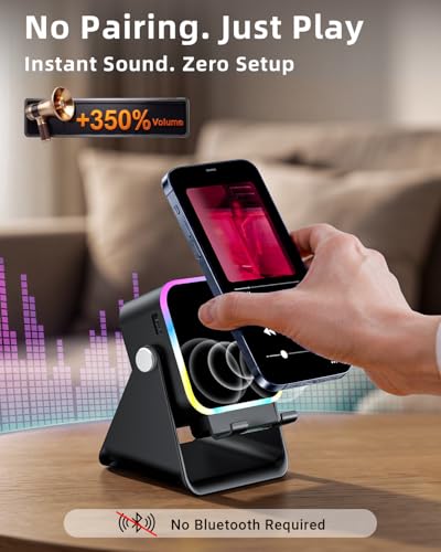Induction Speaker 5-in-1 Bluetooth Audio for iPhone Android with Phone Stand, Adjustable Desktop Phone Holder with Charger & RGB Light, Cool Tech