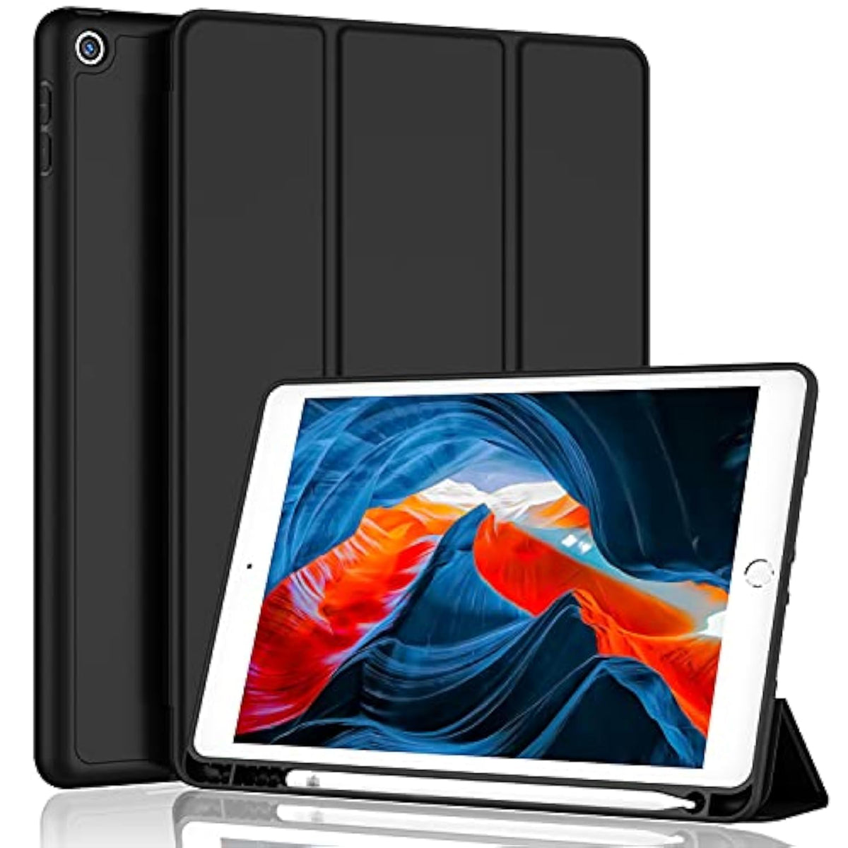 9Th Generation Case 2021/ 8Th Generation Case 2020 10.2 Inch With Pencil Holder, 7Th Gen 2019 Case With Soft Baby Skin Silicone Back, Auto Wake/Sleep Cover (Black)