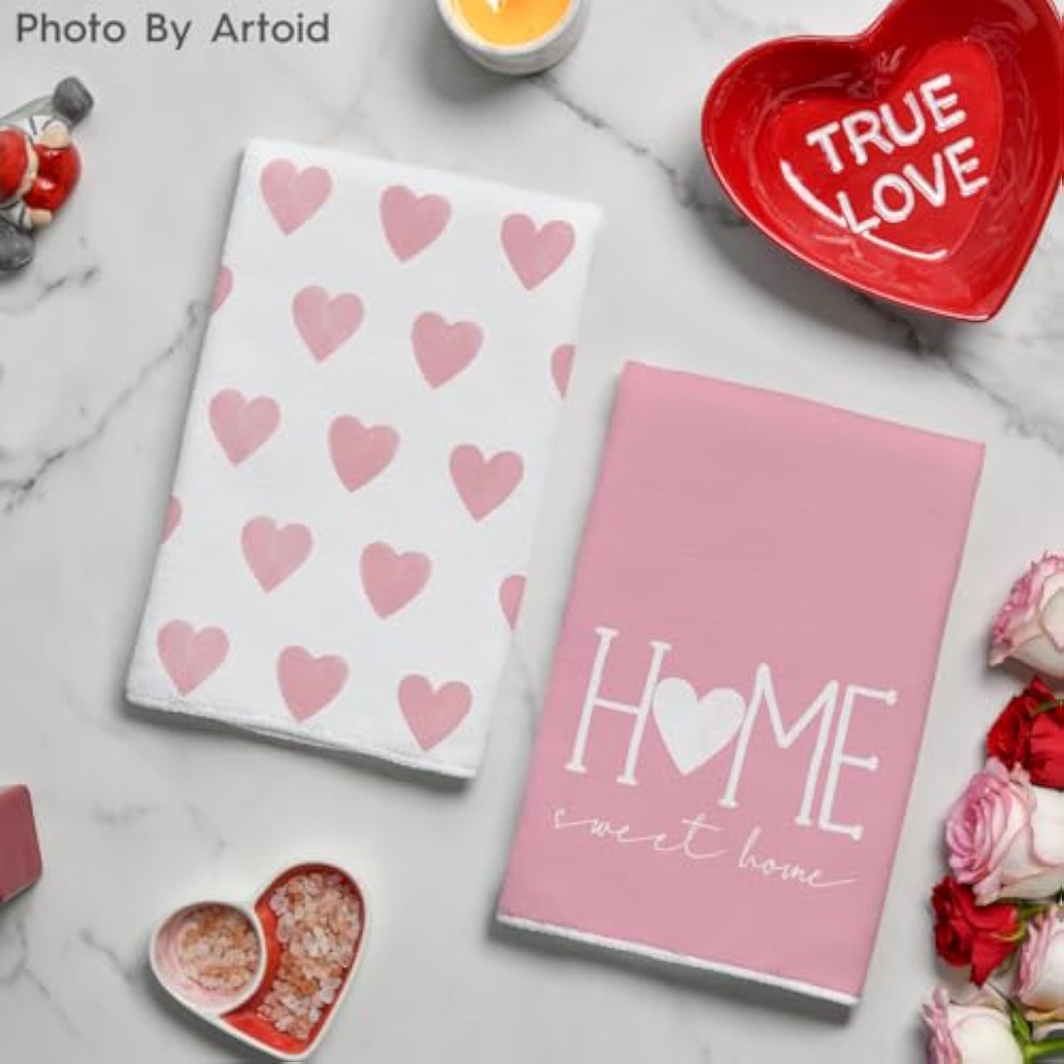 Pink Heart Love Home Sweet Home Valentine'S Kitchen Towels Dish Towels, 18X26 Inch Anniversary Wedding Decoration Hand Towels Set Of 2