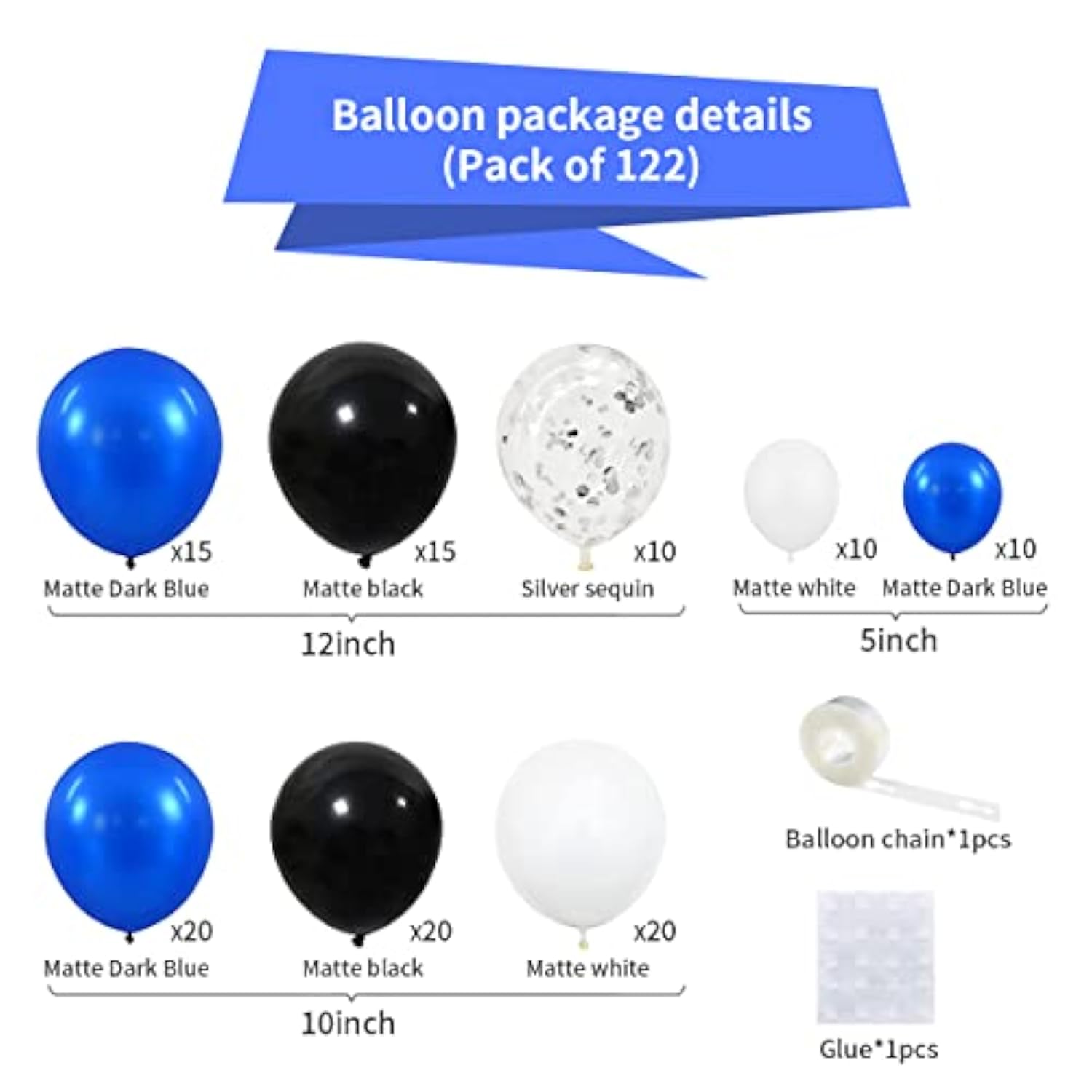 Royal Blue Black Silver White Balloon Arch Garland - 122Pcs Blue Black