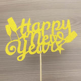 Happy New Year Cake Topper, Gold Glitter Cardstock With Wine Glass And Stars Design