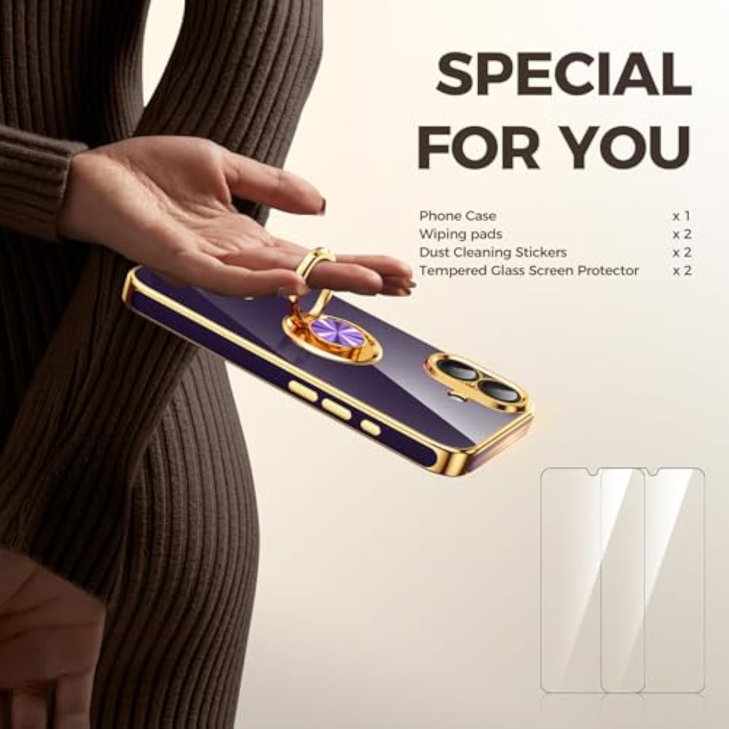 Compatible For Iphone 16 Case With 2 Pack Screen Protector, 360° Rotatable Ring Holder [Luxury Hearts Pattern] Plating Gold Edge Slim Soft Phone Cover Case For Iphone 16 - Purple